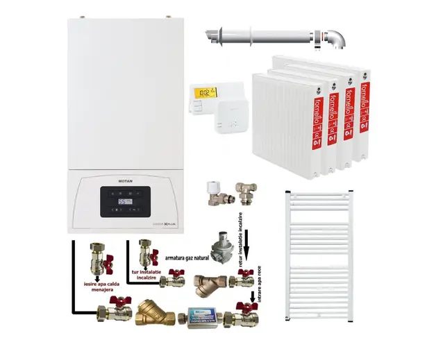 Pachet apartament cu 3 camere, centrala termica pe gaz in condensare Motan Condens KPlus 22.5 kW, kit evacuare, termostat, calorifere otel, kit armaturi centrala, robineti calorifer