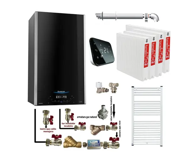Pachet apartament cu 3 camere centrala murala in condensare Ariston Alteas One Net 24, 24 kw, Interfata cu ecran tactil, kit de evacuare inclus, termostat Salus IT 500, calorifere otel, kit armaturi centrala, robineti calorifere