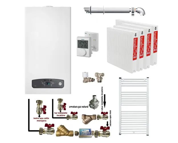 Pachet apartament cu 3 camere, centrala termica in condensatie Ariston Cares S 24 kW, kit evacuare inclus, termostat, calorifere otel, kit armaturi centrala, robineti calorifer 