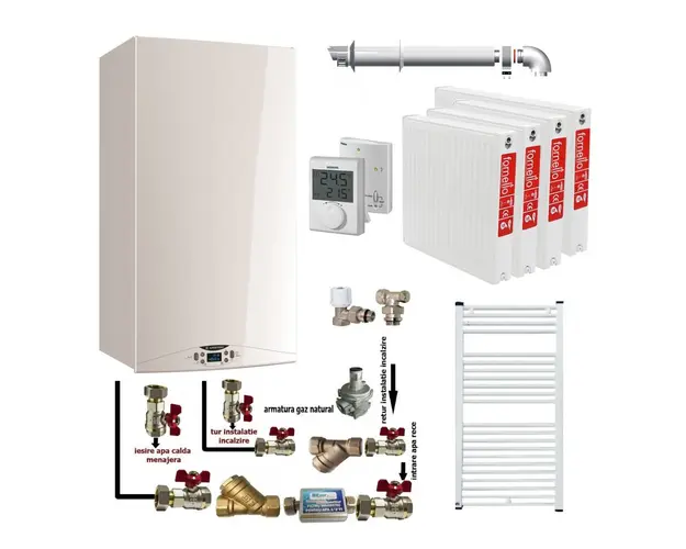 Pachet apartament cu 3 camere, centrala termica in condensatie Ariston HS Premium EU2 24, termostat, kit evacuare inclus, calorifere otel, kit armaturi centrala, robineti calorifer