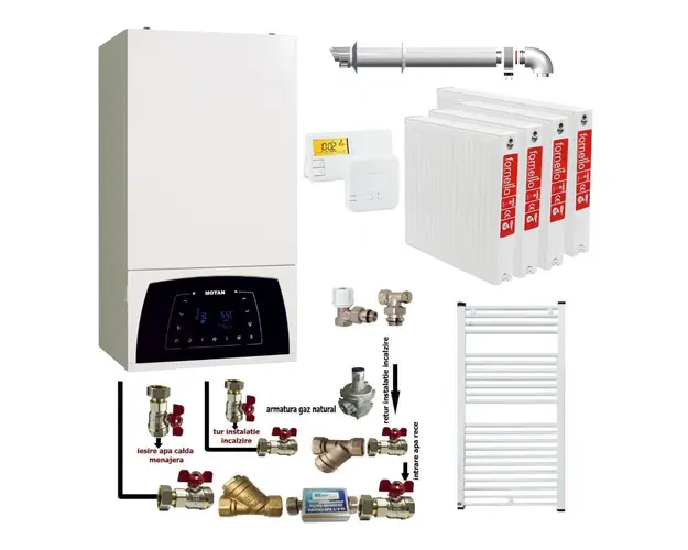 Pachet apartament cu 3 camere, centrala termica Motan Condens Plus 100 25 kW, condensatie, termostat, kit evacuare inclus, calorifere otel, kit armaturi centrala, robineti calorifer