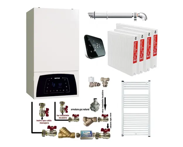 Pachet apartament cu 3 camere, centrala termica Motan Condens Plus 100 25 kW, condensatie, termostat Salus IT 500, kit evacuare inclus, calorifere otel, kit armaturi centrala, robineti calorifer
