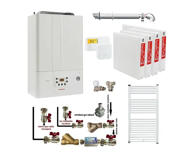 Pachet apartament cu 3 camere, centrala termica murala in condensare Immergas Victrix TERA 24/28 1 ErP, Gaz, kit evacuare inclus, termostat, calorifere otel, kit armaturi centrala, robineti calorifere
