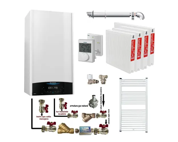 Pachet apartament cu 3 camere, centrala termica murala in condensare Ariston Genus One+ 24, Gaz, 24 kW, kit de evacuare inclus, termostat, calorifere otel, kit armaturi centrala, robineti calorifere