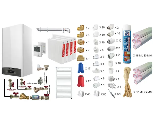 Pachet apartament cu 3 camere, centrala termica murala in condensare Ariston CLAS ONE+ WI-FI 24, Gaz, termostat, 24 kW, Doua schimbatoare de caldura, Display digital, schimbator primar inox, kit de evacuare inclus, calorifere otel, teava PPR si fitin