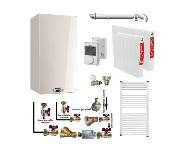 Pachet apartament cu o camera, centrala termica in condensatie Ariston HS Premium EU2 24, kit evacuare inclus, termostat, calorifere otel, kit armaturi centrala, robineti calorifer