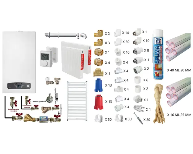 Pachet apartament cu o camera, centrala termica in condensatie Ariston Cares S 24 kW, kit evacuare inclus, termostat, calorifere otel, teava PPR si fitinguri, kit armaturi centrala, robineti calorifer