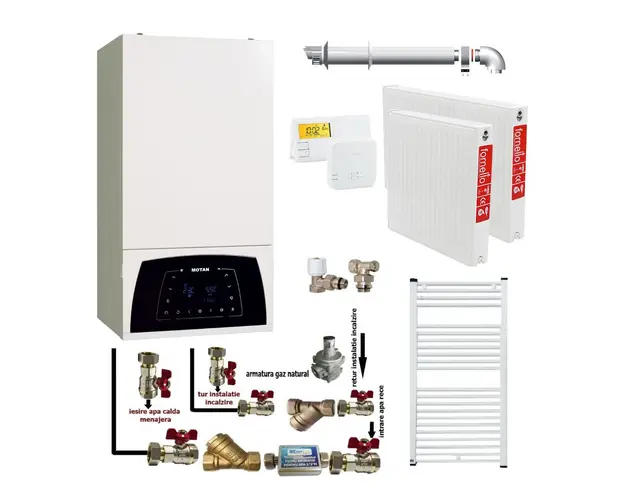 Pachet apartament cu o camera, centrala termica Motan Condens Plus 100 25 kW, condensatie, hidrobloc bronz, raport modulare 1:10, termostat, kit evacuare inclus, calorifere otel, kit armaturi centrala, robineti calorifer
