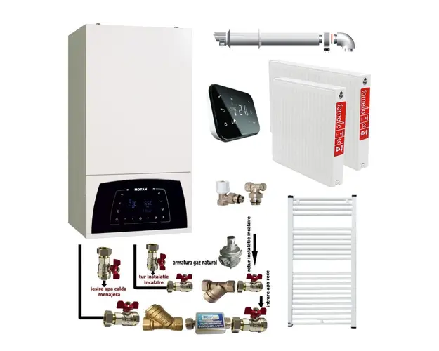Pachet apartament cu o camera, centrala termica Motan Condens Plus 100 25 kW, condensatie, hidrobloc bronz, raport modulare 1:10, termostat Salus IT 500, kit evacuare inclus, calorifere otel, kit armaturi centrala, robineti calorifer