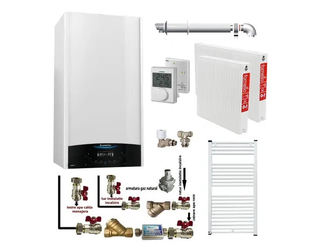 Pachet apartament cu o camera, centrala termica murala in condensare Ariston Genus One+ 24, Gaz, 24 kW, kit de evacuare inclus, termostat, calorifere otel, kit armaturi centrala, robineti calorifere