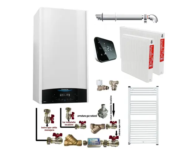 Pachet apartament cu o camera, centrala termica murala in condensare Ariston Genus One+ 24, Gaz, 24 kW, kit de evacuare inclus, termostat Salus IT 500, calorifere otel, kit armaturi centrala, robineti calorifere