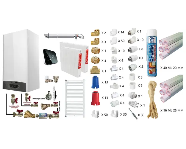Pachet apartament cu o camera, centrala termica murala in condensare Ariston CLAS ONE+ WI-FI 24, Gaz, 24 kW, termostat Salus IT 500, kit de evacuare inclus, calorifere otel, kit armaturi teava PPR si trusa de sudat PPR CADOU