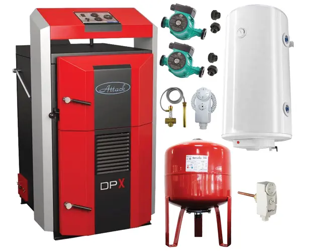 Pachet basic Cazan (centrala) pe combustibil solid, Attack DPX Standard cu gazeificare, 45 kW, boiler, vas expansiune, 2 pompe circulare, vana sts, termostat imersie si termostat contact