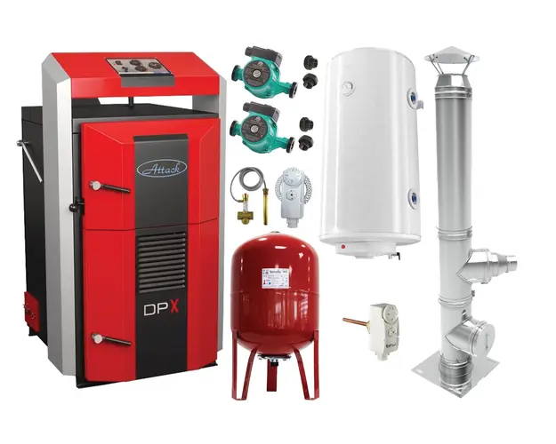 Pachet basic Cazan (centrala) pe combustibil solid, Attack DPX Standard cu gazeificare, 45 kW, cos inox, boiler, vas expansiune, 2 pompe circulare, vana sts, termostat imersie si termostat contact