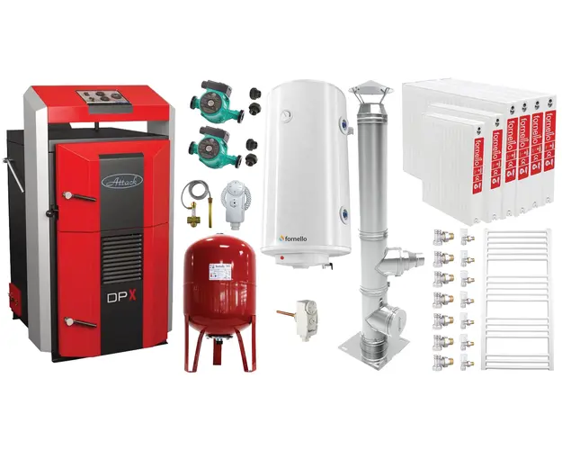 Pachet basic Cazan (centrala) pe combustibil solid, Attack DPX Standard cu gazeificare, 45 kW, calorifere otel, cos inox, boiler, vas expansiune, 2 pompe circulare, vana sts, termostat imersie si termostat contact