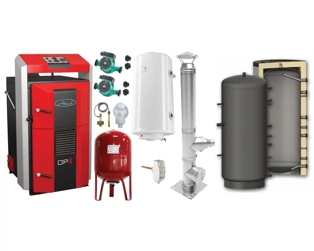 Pachet basic Cazan (centrala) pe combustibil solid, Attack DPX Standard cu gazeificare, 45 kW, Puffer 1000 litri, cos inox, boiler, vas expansiune, 2 pompe circulare, vana sts, termostat imersie si termostat contact