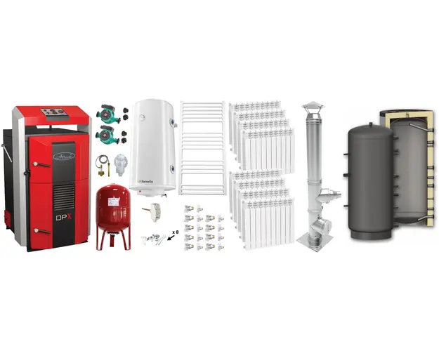 Pachet basic Cazan (centrala) pe combustibil solid, Attack DPX Standard cu gazeificare, 45 kW, Puffer 1000 litri, calorifere aluminiu, cos inox, boiler, vas expansiune, 2 pompe circulare, vana sts, termostat imersie si termostat contact
