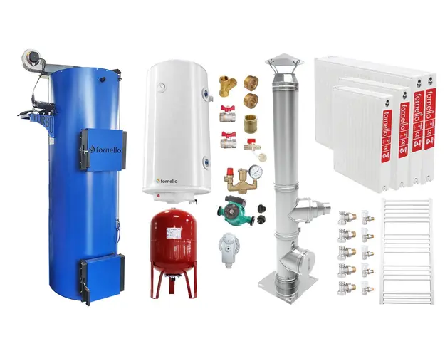 Pachet Cazan (centrala) pe ccombustibil solid tip lumanare Fornello Turbo 25 kW, Cos Inox, Radiatoare Otel, Boiler, Vas Expansiune, Pompa, Fitinguri Montaj
