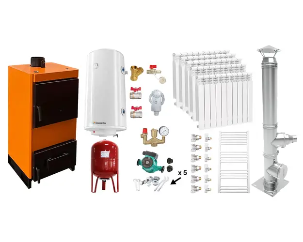 Pachet Centrala pe combustibil solid Fiama W 25 kW, Cos inox, Calorifere aluminiu, Boiler Termoelectric, Vas Expansune, Pompa si Fitinguri Montaj