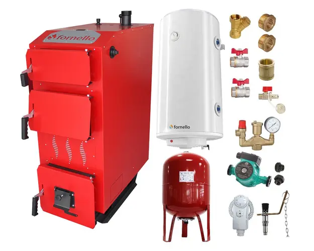 Pachet Cazan (centrala) pe combustibil solid, (lemn, carbune), Fornello Praktik 25 kW, Boiler, Vas Expansiune, Pompa, Fitinguri Montaj