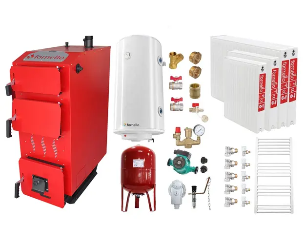Pachet Cazan (centrala) pe combustibil solid, (lemn, carbune), Fornello Praktik 25 kW, Radiatoare Otel, Boiler, Vas Expansiune, Pompa, Fitinguri Montaj