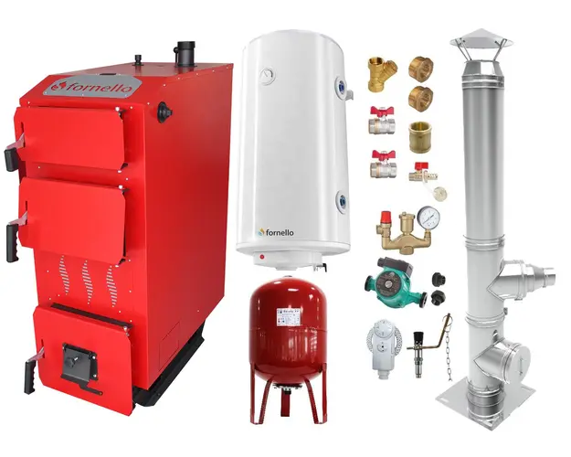 Pachet Cazan (centrala) pe combustibil solid, (lemn, carbune), Fornello Praktik 25 kW, Cos Inox, Boiler, Vas Expansiune, Pompa, Fitinguri Montaj