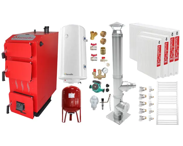 Pachet Cazan (centrala) pe combustibil solid, (lemn, carbune), Fornello Praktik 25 kW, Cos Inox, Radiatoare Otel, Boiler, Vas Expansiune, Pompa, Fitinguri Montaj