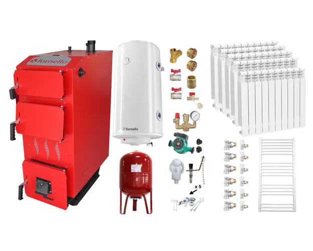 Pachet Cazan (centrala) pe combustibil solid, (lemn, carbune), Fornello Praktik 25 kW, Calorifere Aluminiu, Boiler, Vas Expansiune, Pompa, Fitinguri Montaj