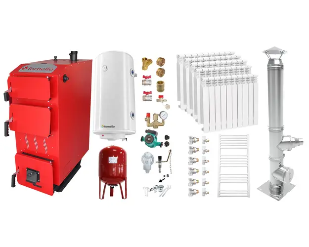Pachet Cazan (centrala) pe combustibil solid, (lemn, carbune), Fornello Praktik 25 kW, Cos Inox, Calorifere Aluminiu, Boiler, Vas Expansiune, Pompa, Fitinguri Montaj