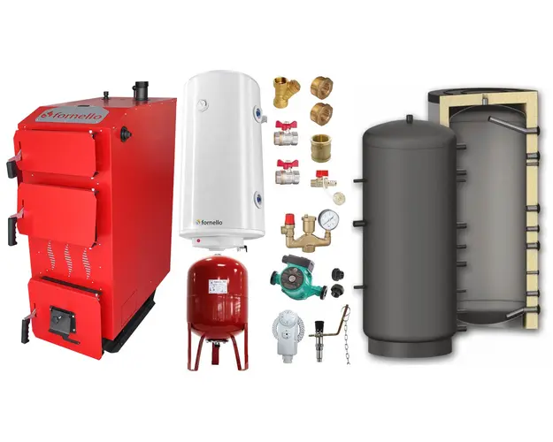 Pachet Cazan (centrala) pe combustibil solid, (lemn, carbune), Fornello Praktik 25 kW, Puffer 800 litri, Boiler, Vas Expansiune, Pompa, Fitinguri Montaj