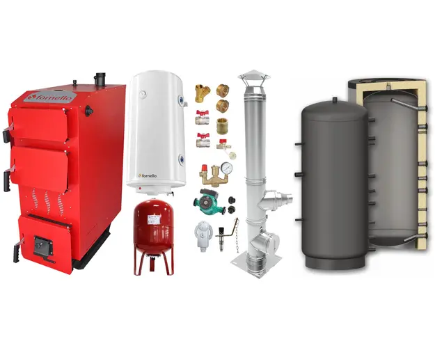 Pachet Cazan (centrala) pe combustibil solid, (lemn, carbune), Fornello Praktik 25 kW, Puffer 800 litri, Cos Inox, Boiler, Vas Expansiune, Pompa, Fitinguri Montaj