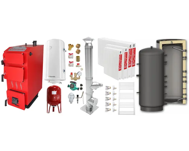 Pachet Cazan (centrala) pe combustibil solid, (lemn, carbune), Fornello Praktik 25 kW, Puffer 800 litri, Cos Inox, Radiatoare Otel, Boiler, Vas Expansiune, Pompa, Fitinguri Montaj