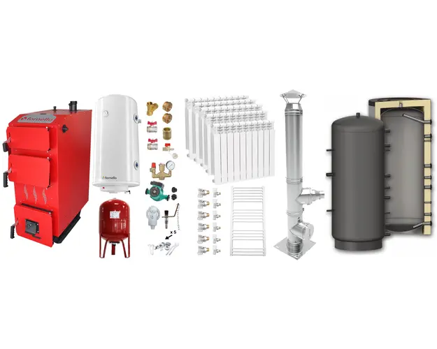 Pachet Cazan (centrala) pe combustibil solid, (lemn, carbune), Fornello Praktik 25 kW, Puffer 800 litri, Cos Inox, Calorifere Aluminiu, Boiler, Vas Expansiune, Pompa, Fitinguri Montaj