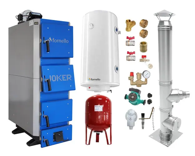 Pachet Cazan (centrala) pe combustibil solid, (lemn, carbune), Fornello Joker 42 kW, Cos Inox, Boiler, Vas Expansiune, Pompa, Fitinguri Montaj