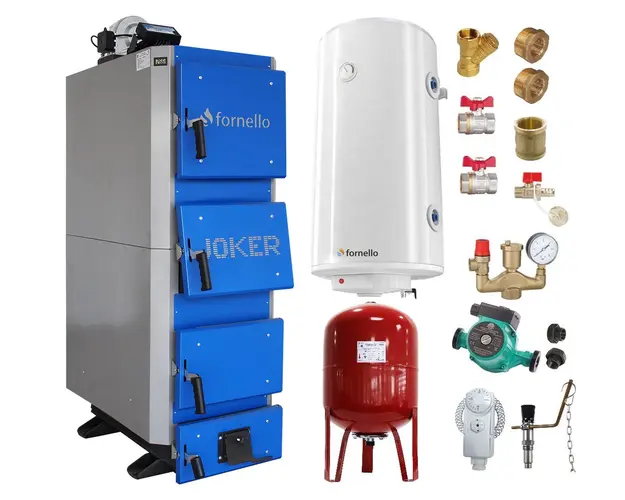 Pachet Cazan (centrala) pe combustibil solid, (lemn, carbune), Fornello Joker 55 kW, Boiler, Vas Expansiune, Pompa, Fitinguri Montaj
