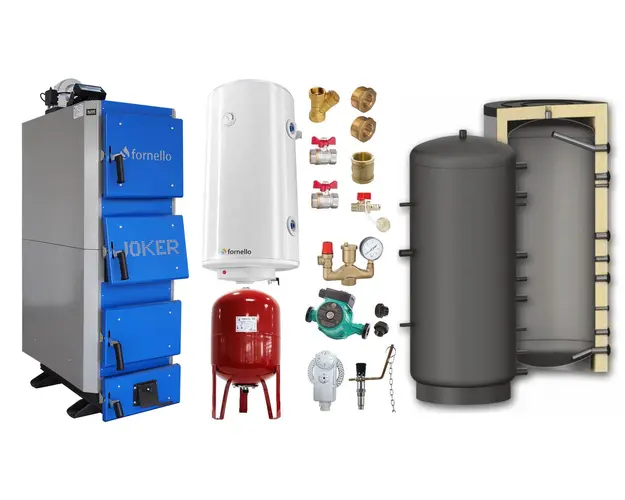 Pachet Cazan (centrala) pe combustibil solid, (lemn, carbune), Fornello Joker 55 kW, Puffer 800 litri, Boiler, Vas Expansiune, Pompa, Fitinguri Montaj