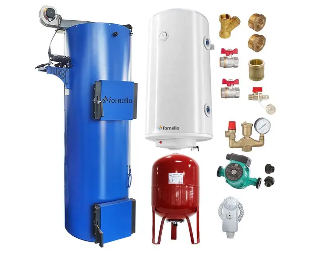 Pachet Cazan (centrala) pe combustibil solid, (lemn, carbune), tip lumanare Fornello TURBO 25 kW, Boiler, Vas Expansiune, Pompa, Fitinguri Montaj