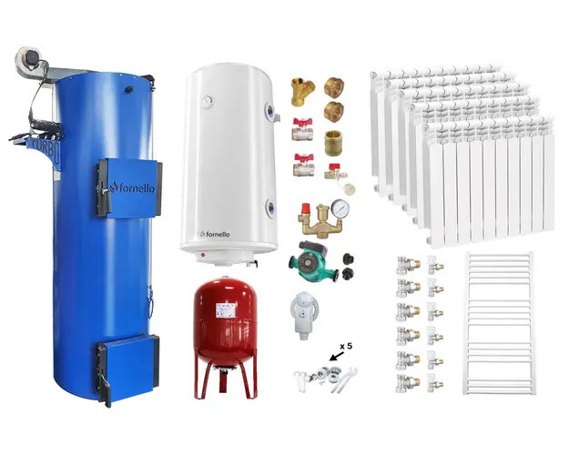 Pachet Cazan (centrala) pe combustibil solid, tip lumanare Fornello Turbo 25 kW, Calorifere Aluminiu, Boiler, Vas Expansiune, Pompa, Fitinguri Montaj