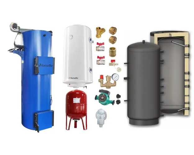 Pachet Cazan (centrala) pe combustibil solid tip lumanare Fornello Turbo 25 kW, Puffer 800 litri, Boiler, Vas Expansiune, Pompa, Fitinguri Montaj