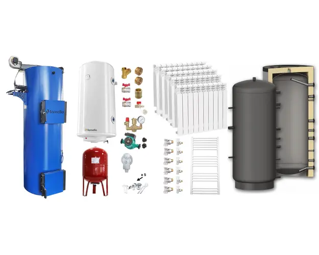 Pachet Cazan (centrala) pe combustibil solid tip lumanare Fornello Turbo 25 kW, Puffer 800 litri, Calorifere Aluminiu, Boiler, Vas Expansiune, Pompa, Fitinguri Montaj