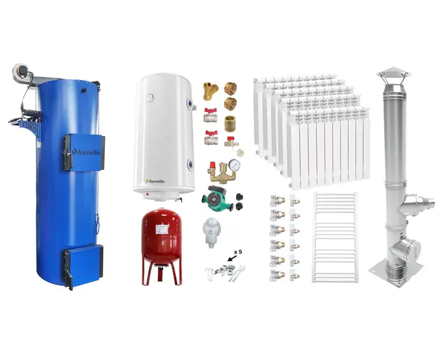 Pachet Cazan (centrala) pe combustibil solid tip lumanare Fornello Turbo 25 kW, Cos Inox, Calorifere Aluminiu, Boiler, Vas Expansiune, Pompa, Fitinguri Montaj