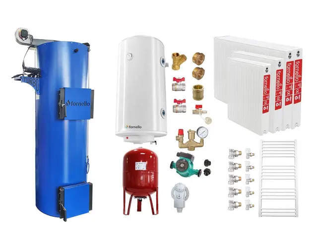Pachet Cazan (centrala) pe combustibil solid tip lumanare Fornello Turbo 25 kW, Radiatoare Otel, Boiler, Vas Expansiune, Pompa, Fitinguri Montaj