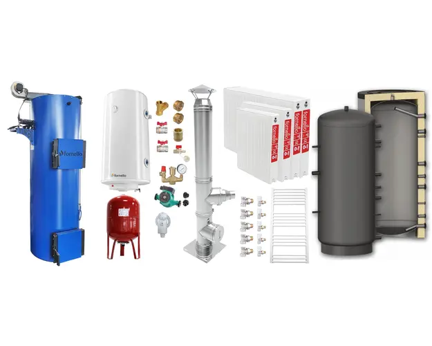 Pachet Cazan (centrala) pe combustibil solid tip lumanare Fornello Turbo 25 kW, Puffer 800 litri, Cos Inox, Radiatoare Otel, Boiler, Vas Expansiune, Pompa, Fitinguri Montaj