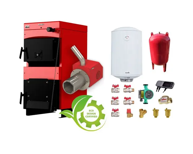 Pachet Centrala mixta combustibil solid si peleti Burnit NWB MAX 35 kW si Arzator pe peleti Pell Eco 35 kW, pompa circulatie evp 25-60, vas expansiune 35 l, boiler termoelectric Fornello 60 l si fitinguri montaj