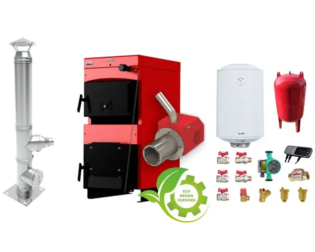 Pachet Centrala mixta combustibil solid si peleti Burnit NWB MAX 45 kW si Arzator pe peleti Pell Eco 35 kW, cos inox, pompa circulatie evp 25-60, vas expansiune 50 l, boiler termoelectric Fornello 100 l si fitinguri montaj