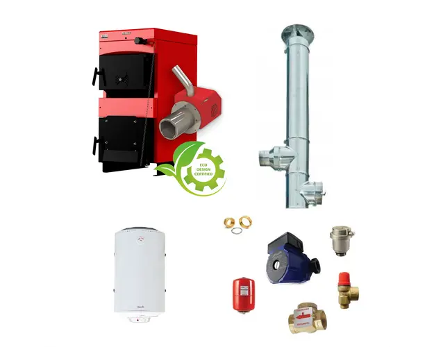 Pachet Centrala mixta combustibil solid si peleti Burnit NWB MAX 55 kW si Arzator pe peleti Pell Eco 35 kW, boiler Fornello 100 l, pompa 25-60, vas expansiune, supapa, aerisitor, termostat de contact, vana 3 cai, cos inox diametru 200 mm dublu perete