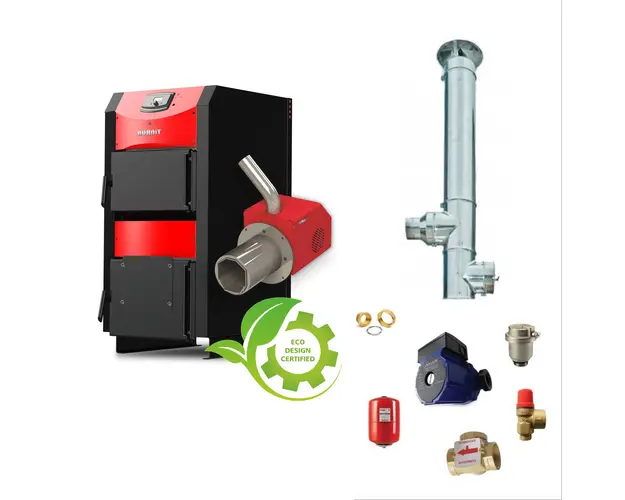 Pachet Centrala mixta combustibil solid si peleti Burnit NWB PRIME 30 kW si Arzator peleti Pell Eco 35 kW, ventilator, automatizare, flansa arzator, serpentina de racire, cos de fum 6 m dn 200, pompa, vas expansiune, supapa, aerisitor, vana 3 cai