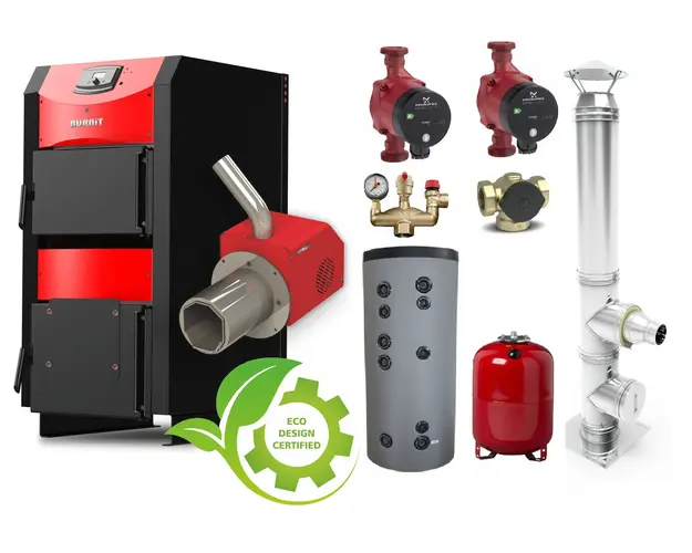 Pachet Centrala mixta combustibil solid si peleti Burnit NWB PRIME 30 kW si Arzator pe peleti Pell Eco 35 kW, cos de fum Fornello inox 6 metri D 200 mm, boiler SON 150 litri 2 serpentine, 2 pompe Grundfos , Vas expansiune 35 litri, termoventil, pana 