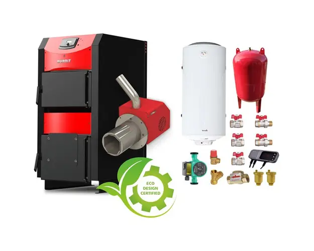 Pachet Centrala mixta combustibil solid si peleti Burnit NWB PRIME 50 kW si Arzator pe peleti Pell Eco 35 kW,ventilator, automatizare, serpentina racire, flansa arzator, pompa circulatie 25-60, vas expansiune 50 l, boiler termoelectric Fornello 120 l