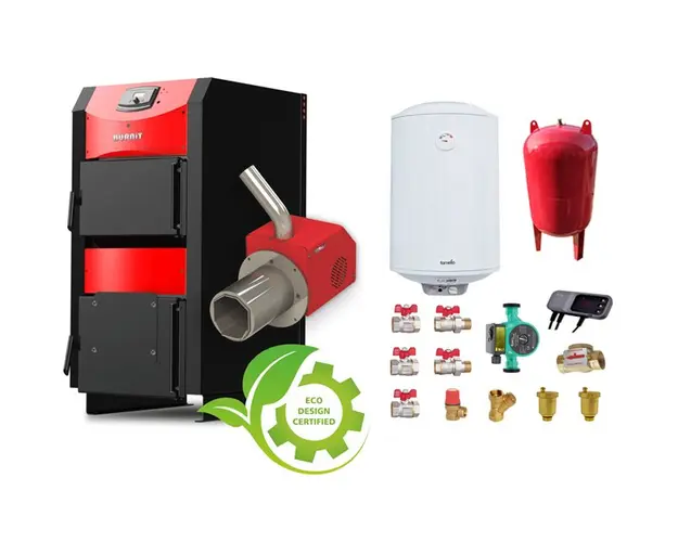 Pachet Centrala mixta combustibil solid si peleti Burnit NWB PRIME 30 kW si Arzator pe peleti Pell Eco 35 kW, ventilator, automatizare, serpentina racire, flansa arzator, pompa circulatie 25-60, vas expansiune 35 l, boiler termoelectric Fornello 80 l